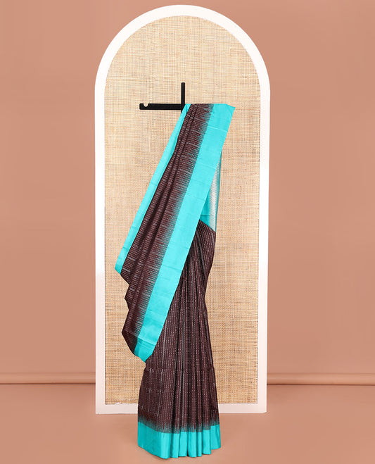 Brown Mayuri Soft Silk Saree, Finely Crafted with Dobbly-Style Buttas and Zig-Zag Stripes All Over Its Body, Complemented by Contrast Border, Grand Pallu of Jaal Designs, and Paired with a Contrast Blouse