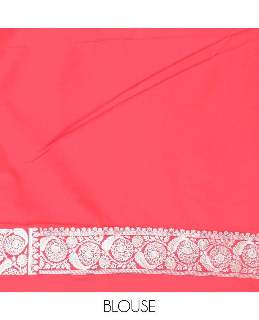 Red zari buttas mushru silk saree, floral creeper design border, and floral jaal design pallu