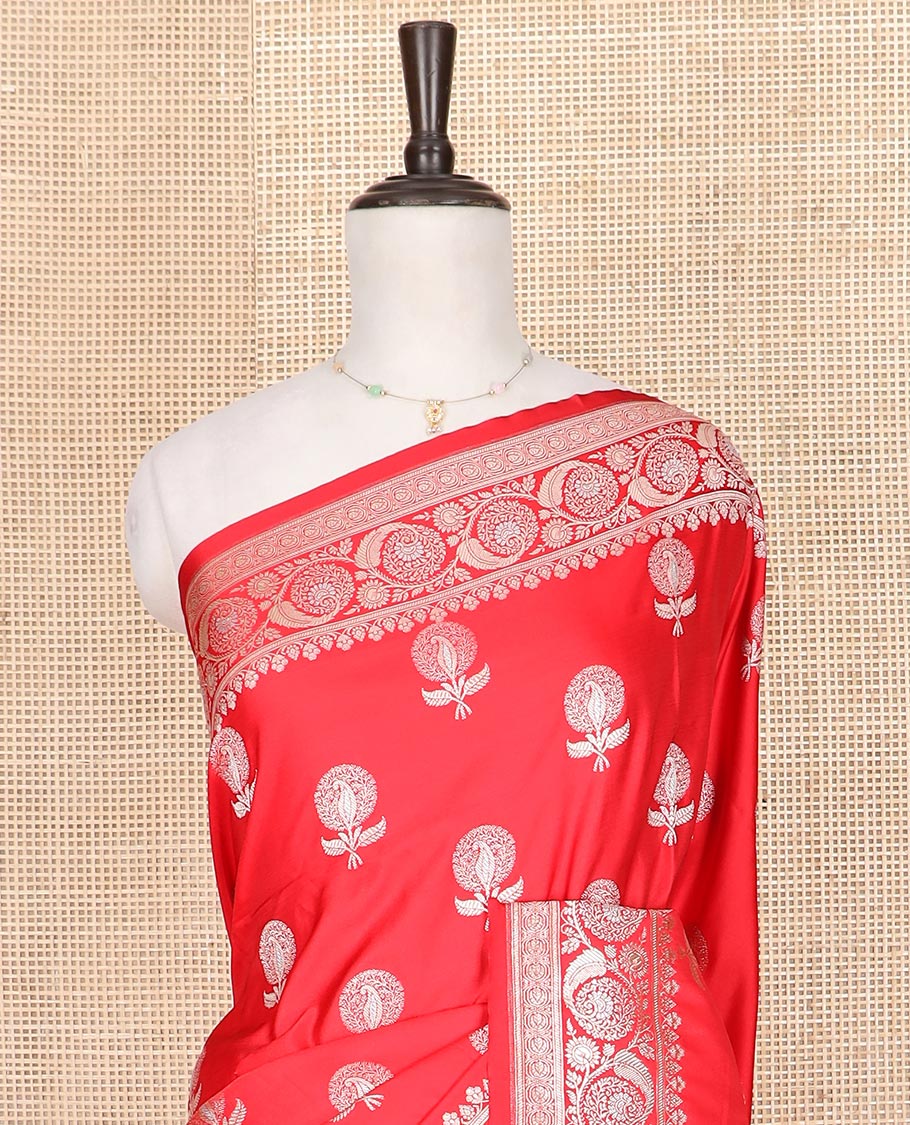 Red zari buttas mushru silk saree, floral creeper design border, and floral jaal design pallu