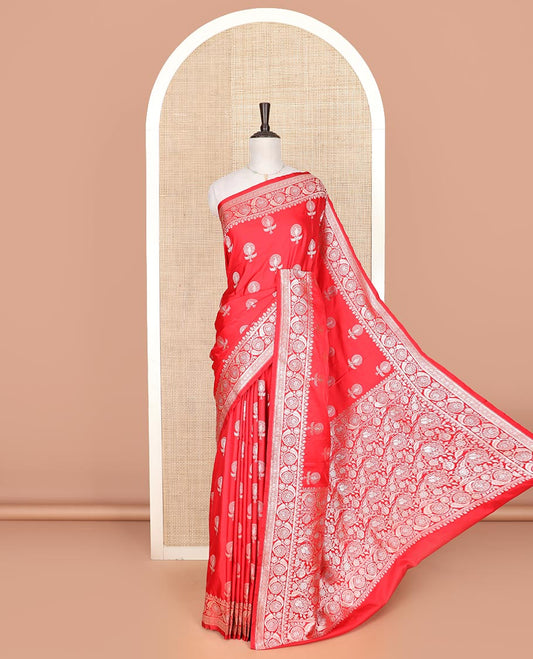 Red zari buttas mushru silk saree, floral creeper design border, and floral jaal design pallu