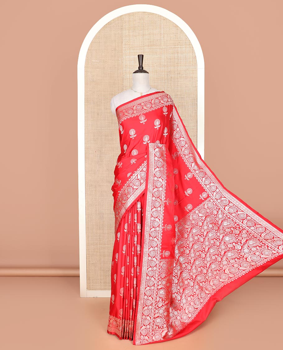 Red zari buttas mushru silk saree, floral creeper design border, and floral jaal design pallu