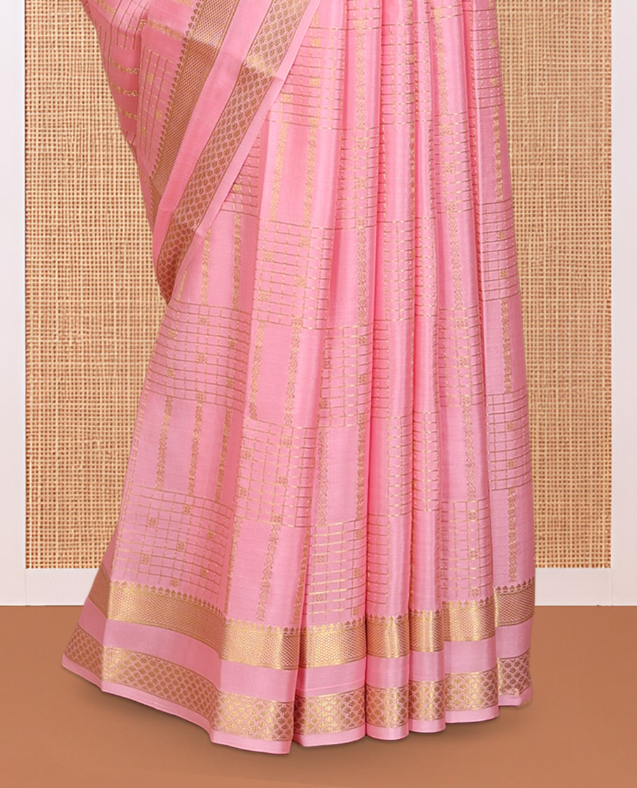 Pink Mysore Silk Saree, Gleamed Up with Zari Designs, Highlighted by a Traditional Zari Border, Intricate Pallu, and a Matching Blouse