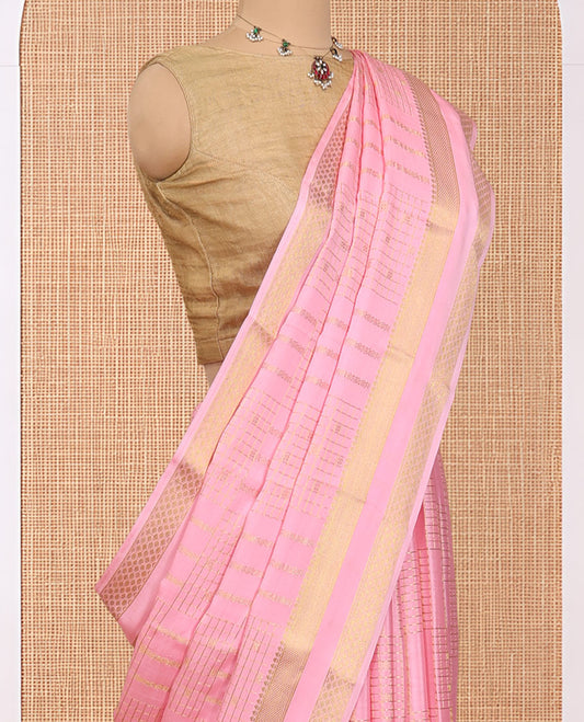 Pink Mysore Silk Saree, Gleamed Up with Zari Designs, Highlighted by a Traditional Zari Border, Intricate Pallu, and a Matching Blouse
