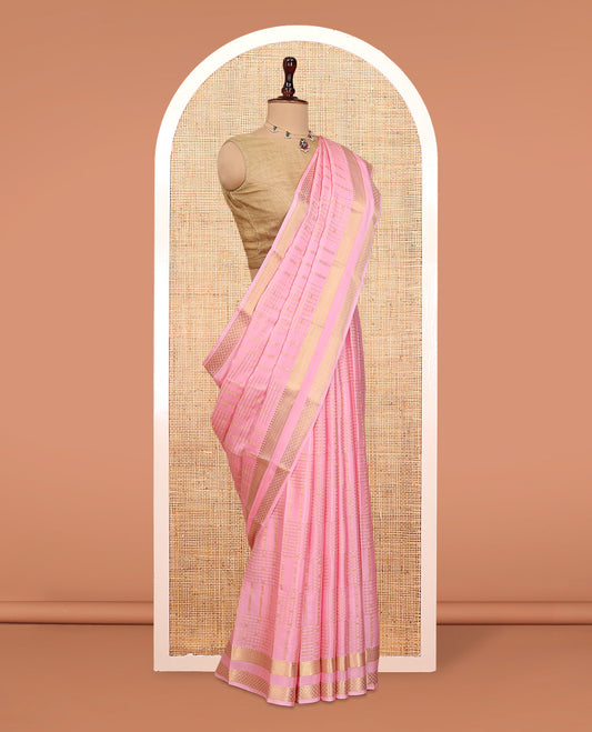 Pink Mysore Silk Saree, Gleamed Up with Zari Designs, Highlighted by a Traditional Zari Border, Intricate Pallu, and a Matching Blouse