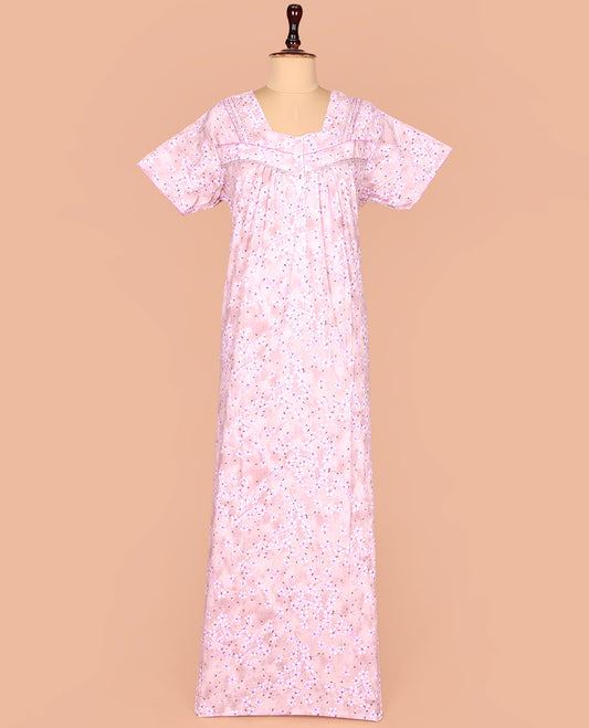 Pale Pink Cotton Nighty Subtly Sparkled with Floral Print, Featuring Lace Work, Square Front Neck, and Half  Sleeves