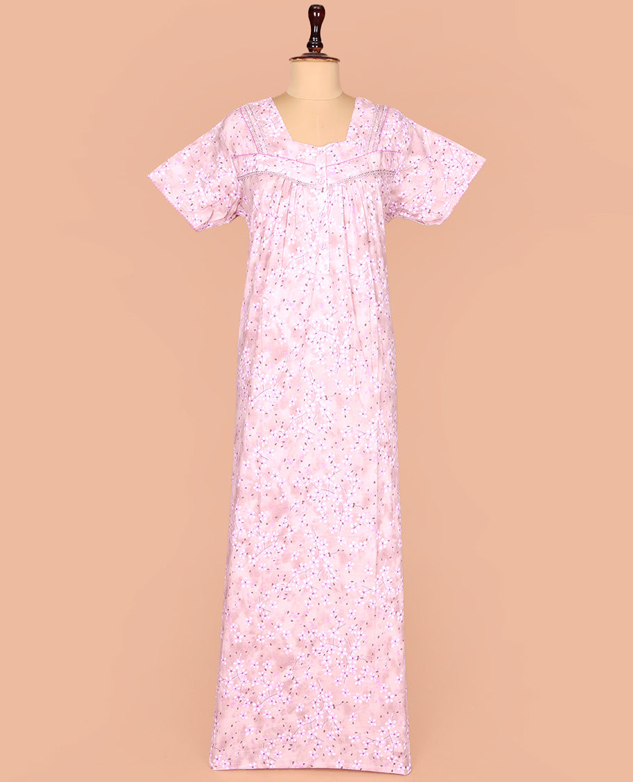 Pale Pink Cotton Nighty Subtly Sparkled with Floral Print, Featuring Lace Work, Square Front Neck, and Half  Sleeves