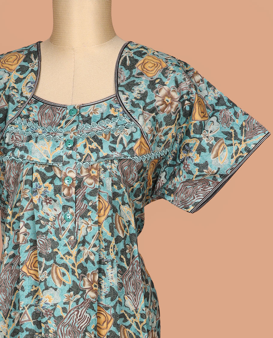 Blue abstract printed unique neck style lace work half-sleeve nighty