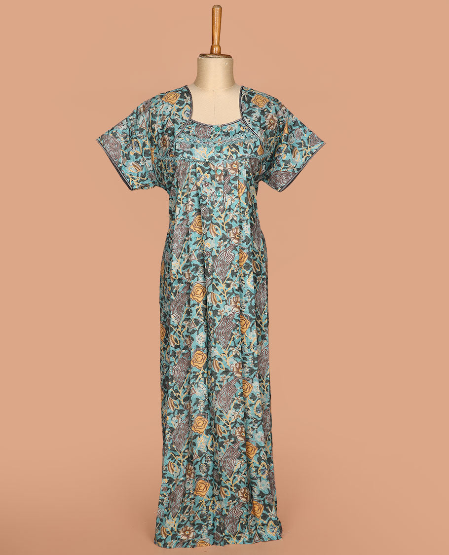 Blue abstract printed unique neck style lace work half-sleeve nighty
