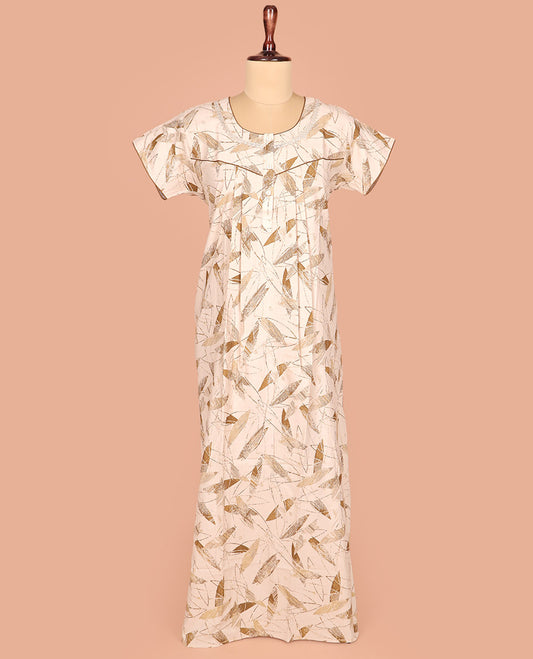 Light Sandal Cotton Nighty Adorned with Geometric Patterns Print, Featuring Neck Lace Work, Round Front Neck, and Half-Sleeves