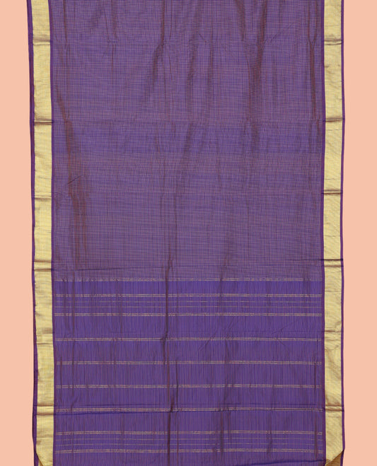 Blue Micro-Checked Art-Silk Nine Yard Saree, a Traditional Zari Border, Pallu of Zari Stripes, and No Blouse