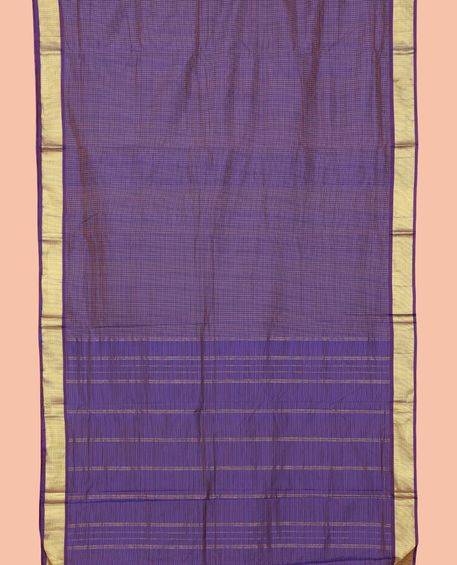 Blue Micro-Checked Art-Silk Nine Yard Saree, a Traditional Zari Border, Pallu of Zari Stripes, and No Blouse