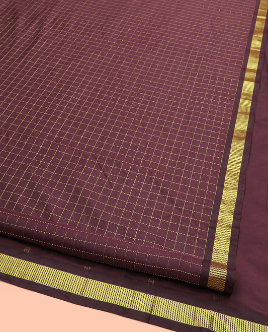Brown Muthu Checked Ten Yard Art Silk Saree, Complemented by a Traditional Zari Border, and Pallu Featuring Subtle Zari Stripes