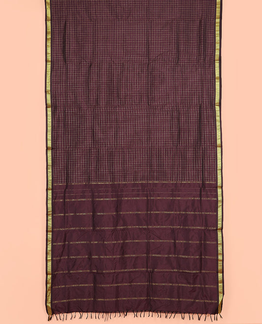 Brown Muthu Checked Ten Yard Art Silk Saree, Complemented by a Traditional Zari Border, and Pallu Featuring Subtle Zari Stripes