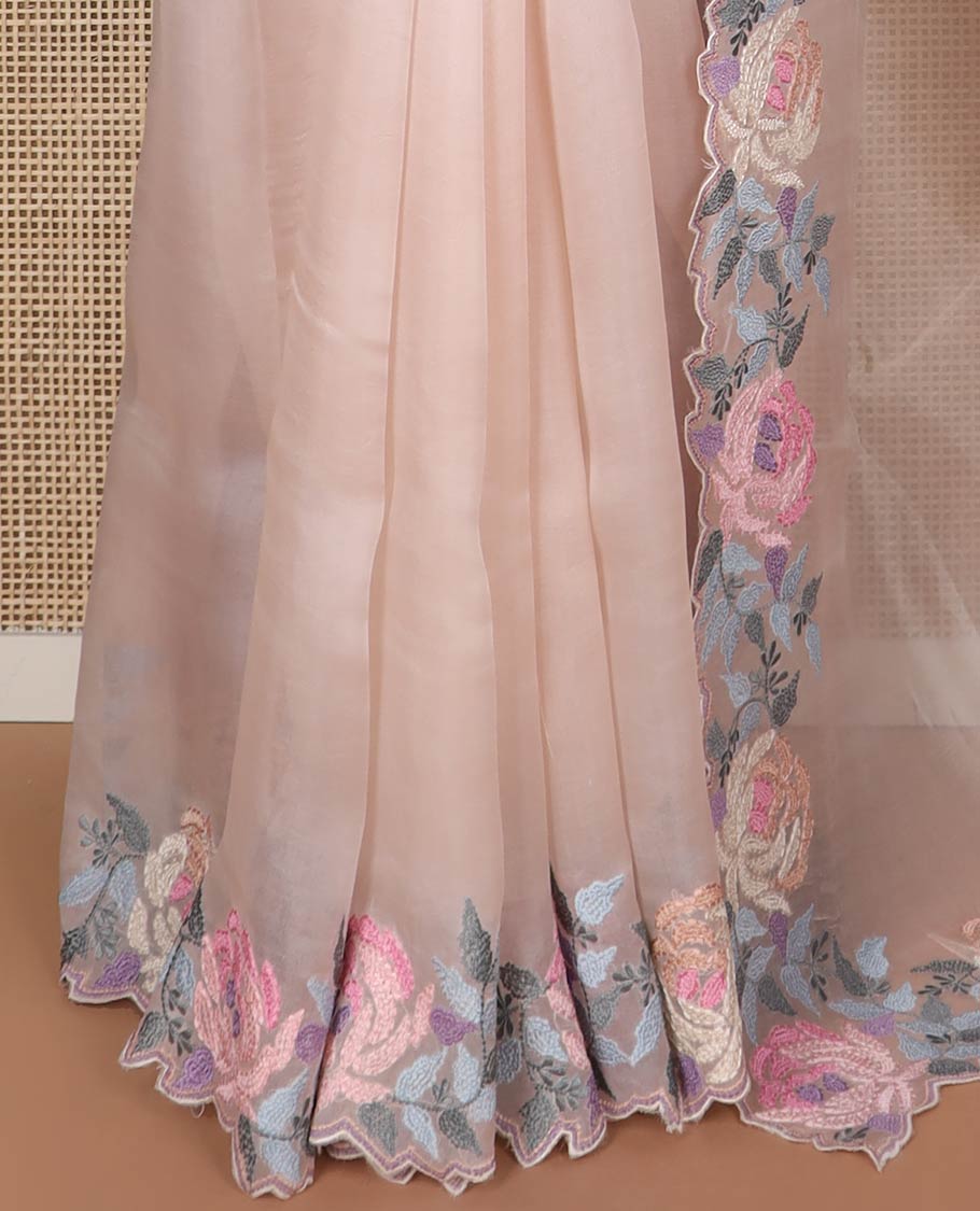 Baby pink organza saree with self floral embroidery, scallop border