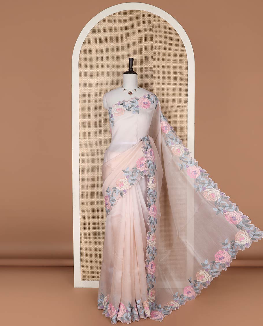 Baby pink organza saree with self floral embroidery, scallop border
