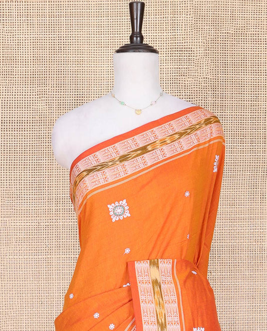 Orange Odisha Cotton Saree, Accentuated with Buttas All Over the Body, Subtle Self-Border Steeped with Fish Motifs, Captivating Contrast Pallu of Unique Designs, and Paired with a Contrast Blouse