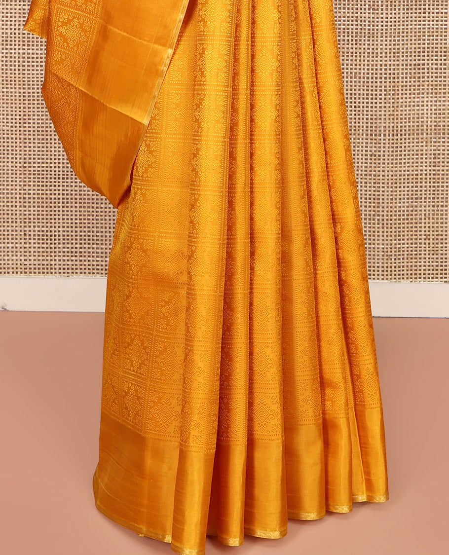 Yellow Parampara Silk Saree, Subtly Sparkled With Embossed Checked Texture On Its Body, Subtle Traditional Border, Geometric Patterned Pallu and Paired with a Matching Blouse