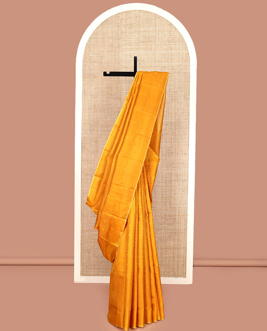 Yellow Parampara Silk Saree, Subtly Sparkled With Embossed Checked Texture On Its Body, Subtle Traditional Border, Geometric Patterned Pallu and Paired with a Matching Blouse
