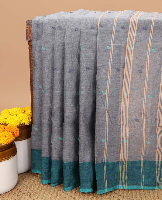 Elephant grey thread butta bengal cotton saree with resham border & chit pallu along with digital print linen shafread blouse