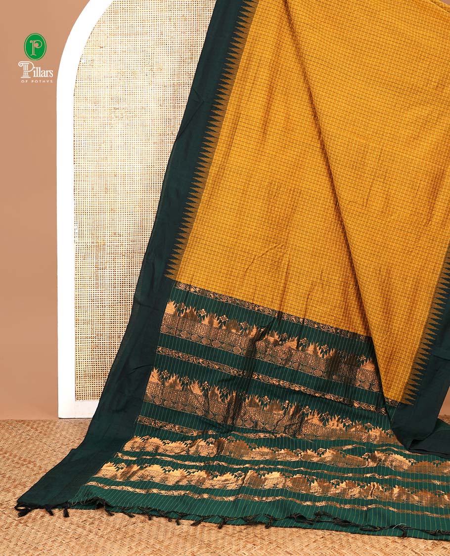 Gold checked kalyani cotton saree with contrast temple border & contrast rich reaving pallu along with contrast blouse