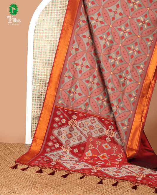 Light brown with red zari pochampalli weaving design mulberry silk saree with bawanchi, ikkat weaving border & rich pochampalli weaving pallu along with plain blouse