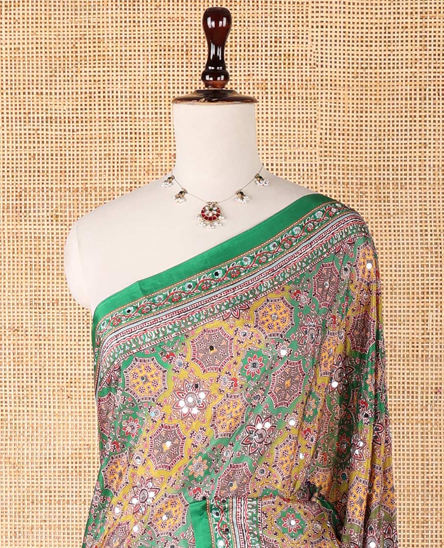Multi-colour geometric printed, mirror work masakali saree with printed, mirror work border & printed pallu along with plain blouse