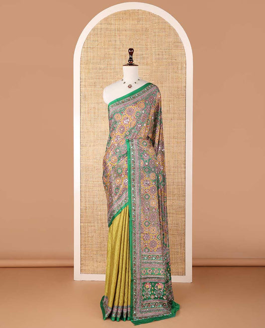 Multi-colour geometric printed, mirror work masakali saree with printed, mirror work border & printed pallu along with plain blouse