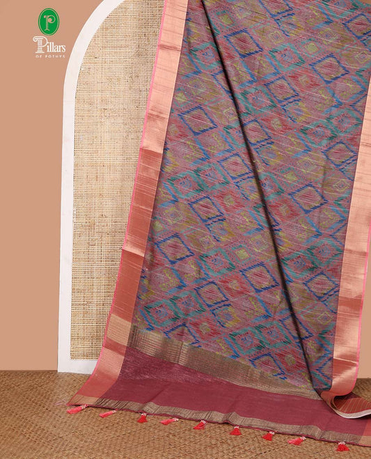 Pink ikkat style printed  khicha tussar saree with bawanchi border & jute weaving pallu along with printed blouse