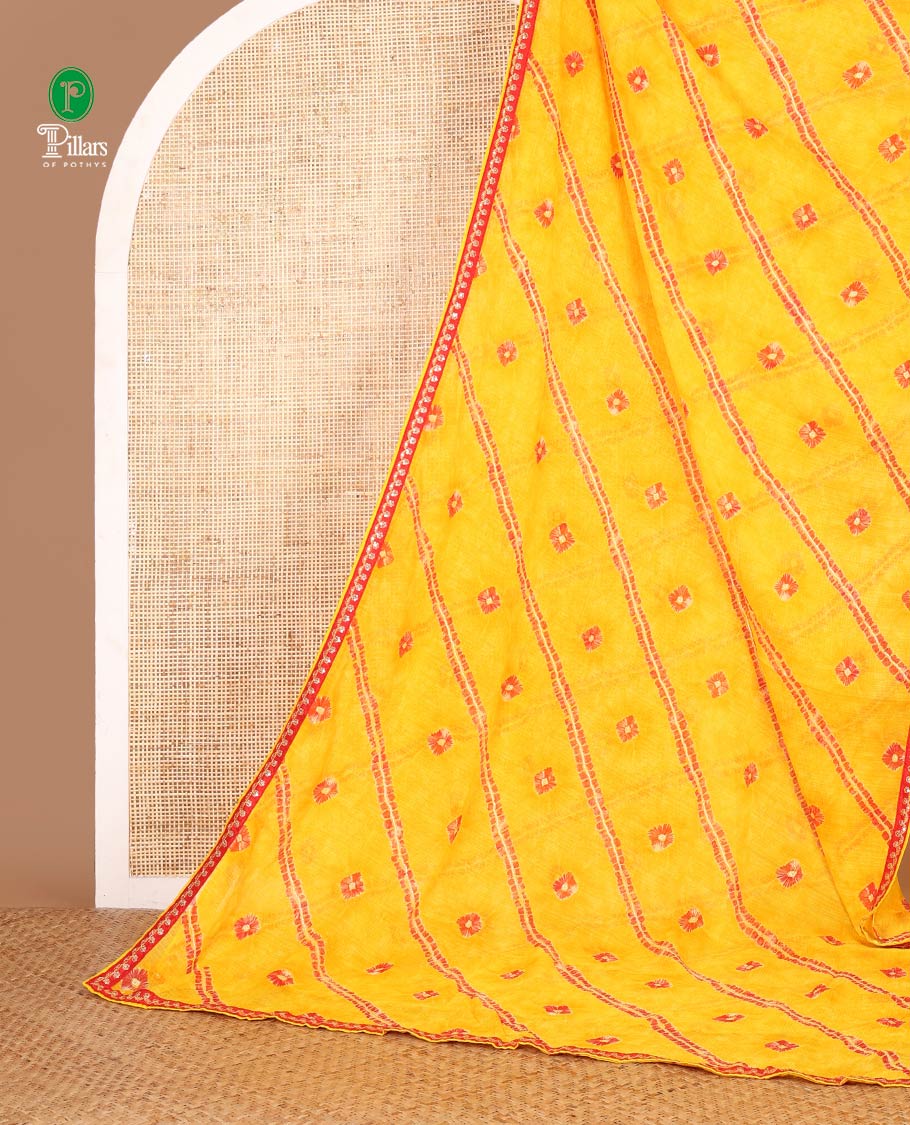 Yellow digital printed sitara shimmer saree with lace border & self pallu along with plain blouse