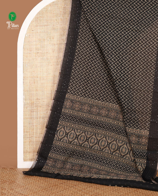 Black zig zag printed soft mercerised cotton saree with sequins work border & printed pallu along with butta design printed blouse