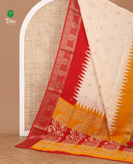 Cream with red small peacock butta muslin cotton saree with annam, temple border & ikkat design pallu along with zari motifs blouse