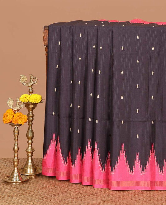 Black small butta design kathan silk saree with contrast temple border & striped, temple design pallu along with striped blouse