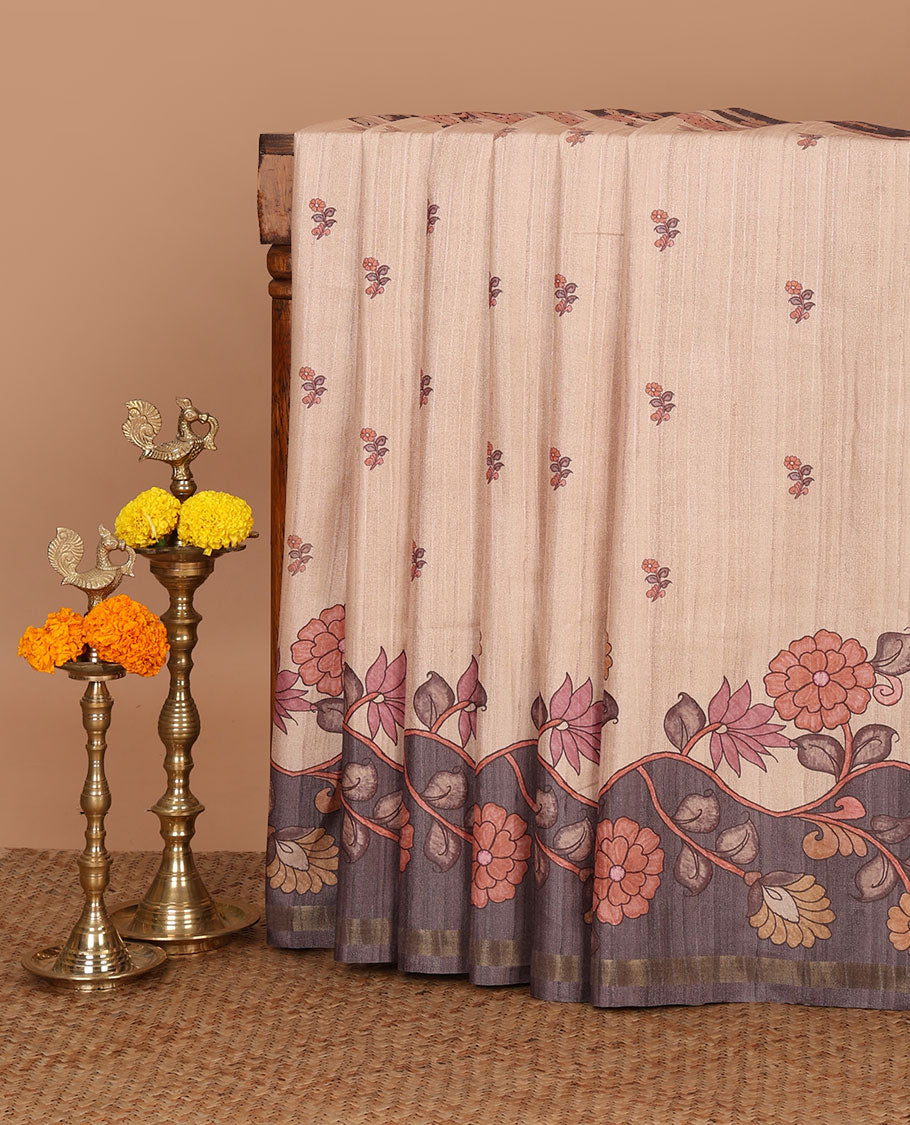 Cream floral motifs printed katan silk saree, contrast grey color border & pallu of kalamkari-style floral vine print