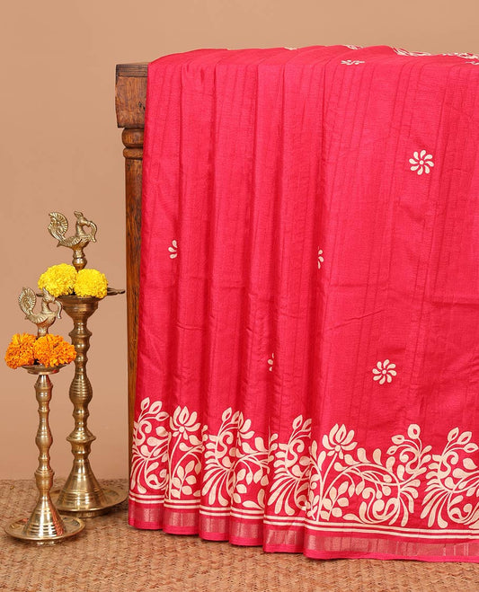 Rani pink batik-style floral butta printed Malgudi silk saree, batik floral design printed piping zari border & floral printed pallu