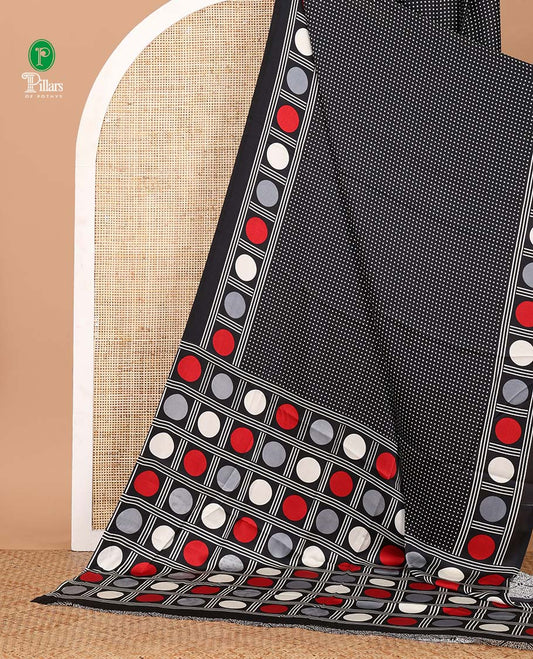 Black small polka dots printed gajji silk saree with self-border & pallu printed with a dot enclosed checks, blouse with intricate motif print