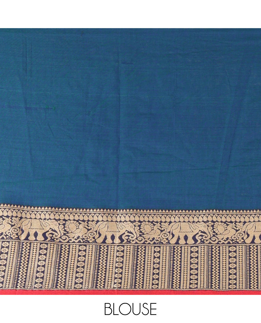 Blue plain masraise cotton saree, contrast border of elephant, peacock & geometric design & lining seer pallu