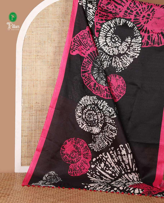 Black batik-style uniquely printed khadi cotton saree, contrast pink piping border & printed pallu