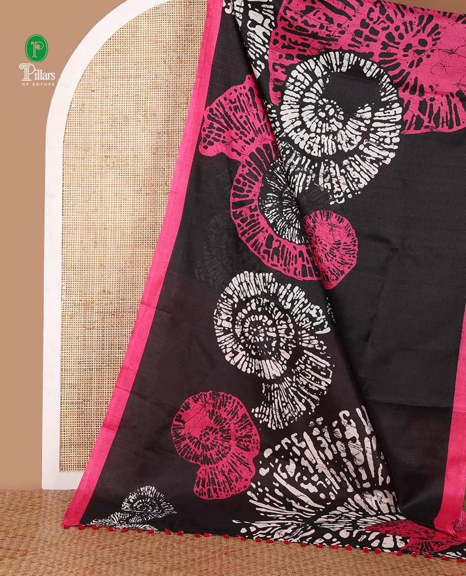 Black batik-style uniquely printed khadi cotton saree, contrast pink piping border & printed pallu