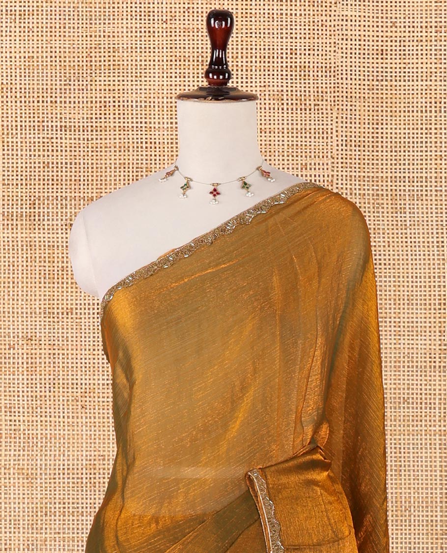 Mehendi green Swarovski crystal stonework Fendy chiffon saree,scallop stonework border & contrast blue stonework blouse