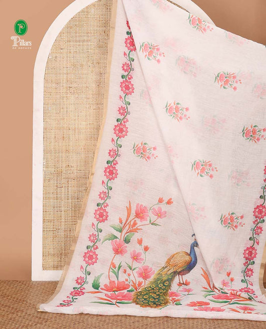 White floral digitally printed linen saree,gold zari piping border & pallu of floral & peacock print,floral printed pallu