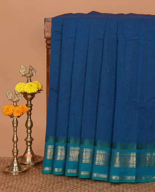 Blue plain Chettinadu cotton saree,contrast rettai rettu traditional zari border,lining seer pallu & matching plain blouse