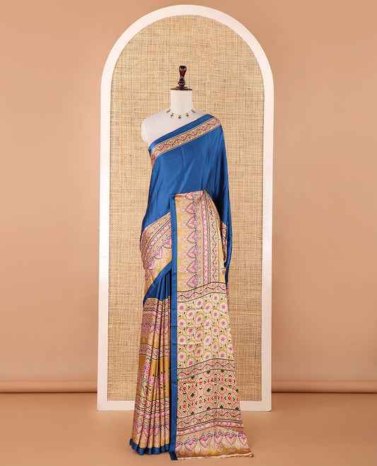 Blue half-plain & half-printed gajji silk saree, contrast mustard border & pallu of ajrakh-print with printed blouse