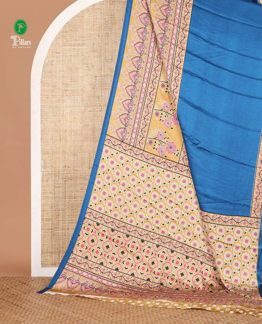 Blue half-plain & half-printed gajji silk saree, contrast mustard border & pallu of ajrakh-print with printed blouse