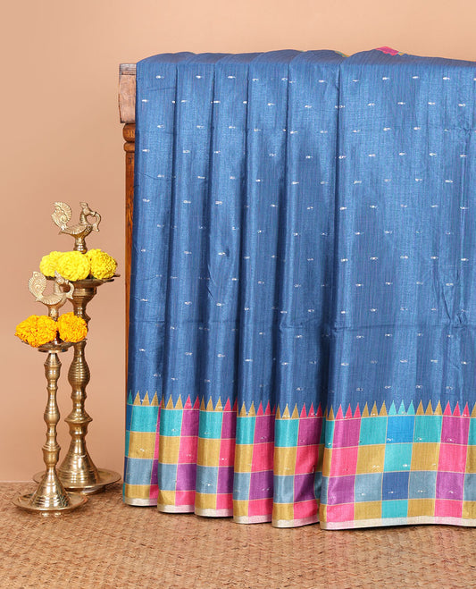 Blue zari buttas Kathan silk saree, contrast border & pallu of multi-color checks & temple design, blouse of multi-color checks & buttas