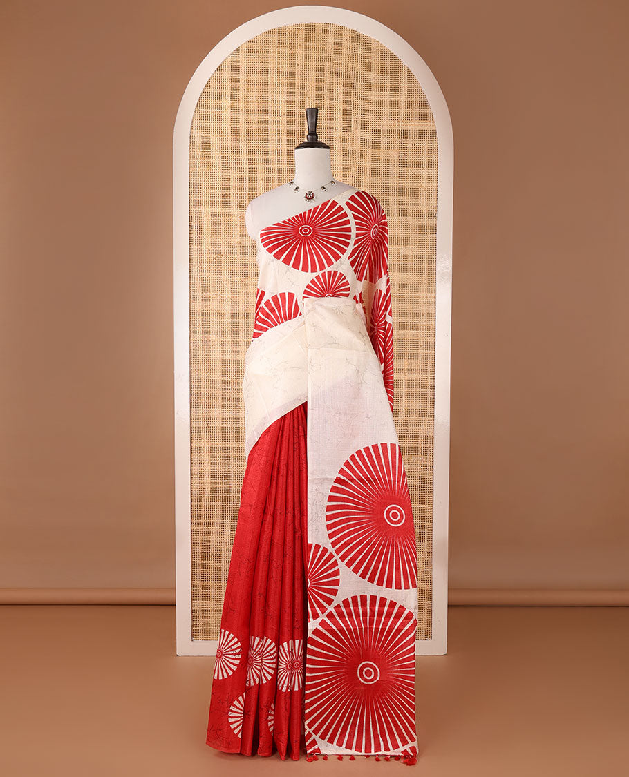 Borderless White with red sunbrust design skirt pattern khadi cotton saree & big sunbrust printed pallu with tussels