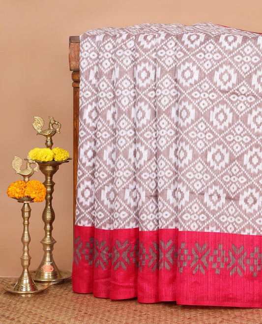White Ikkat deisgn printed jute tussar silk saree , rani pink contrast border , ikkat  design printed pallu