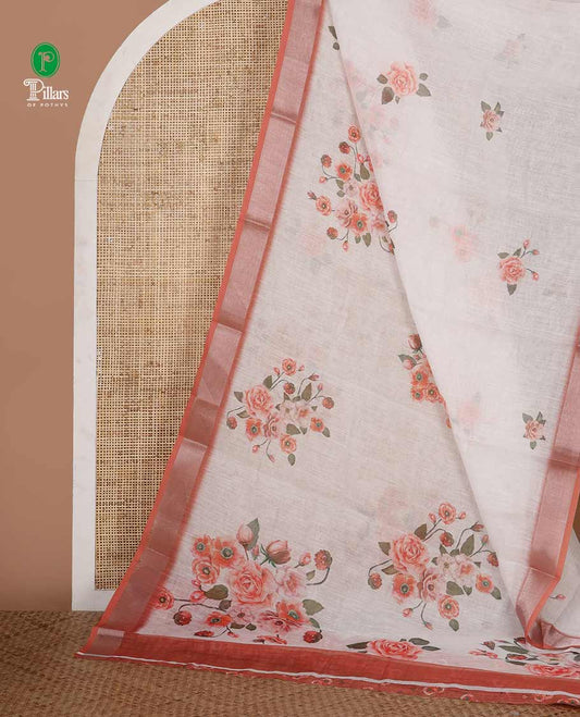 White rose floral printed linen saree, contrast silver bavanji border, floral printed pallu & floral printed brown blouse