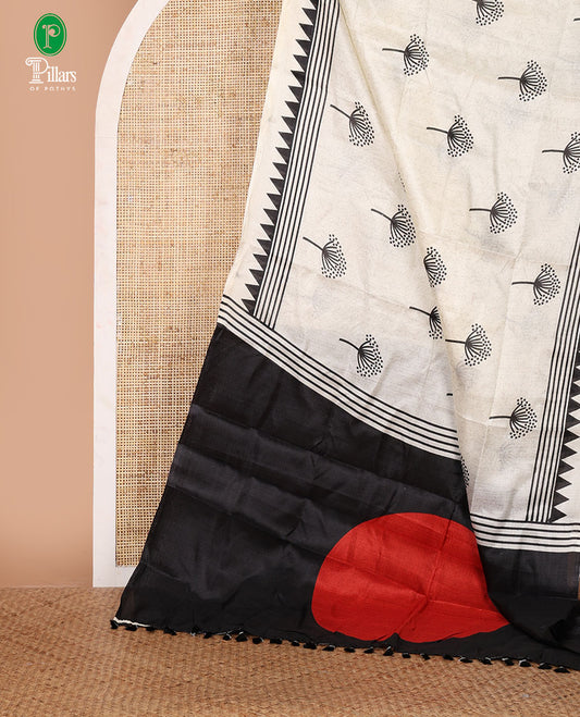 Cream floral-style printed khadi cotton saree, contrast black temple & lining printed border, lining printed border & printed blouse