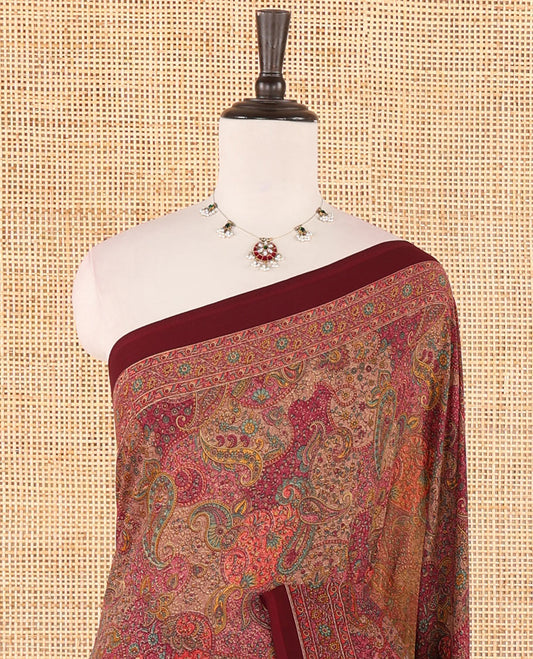 Chikku intricate paisley printed kimaya saree, floral printed border, paisley printed pallu & contrast printed blouse