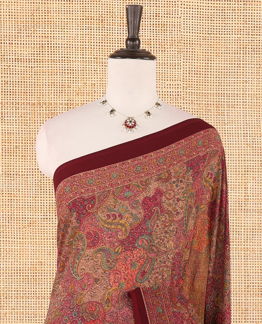 Chikku intricate paisley printed kimaya saree, floral printed border, paisley printed pallu & contrast printed blouse